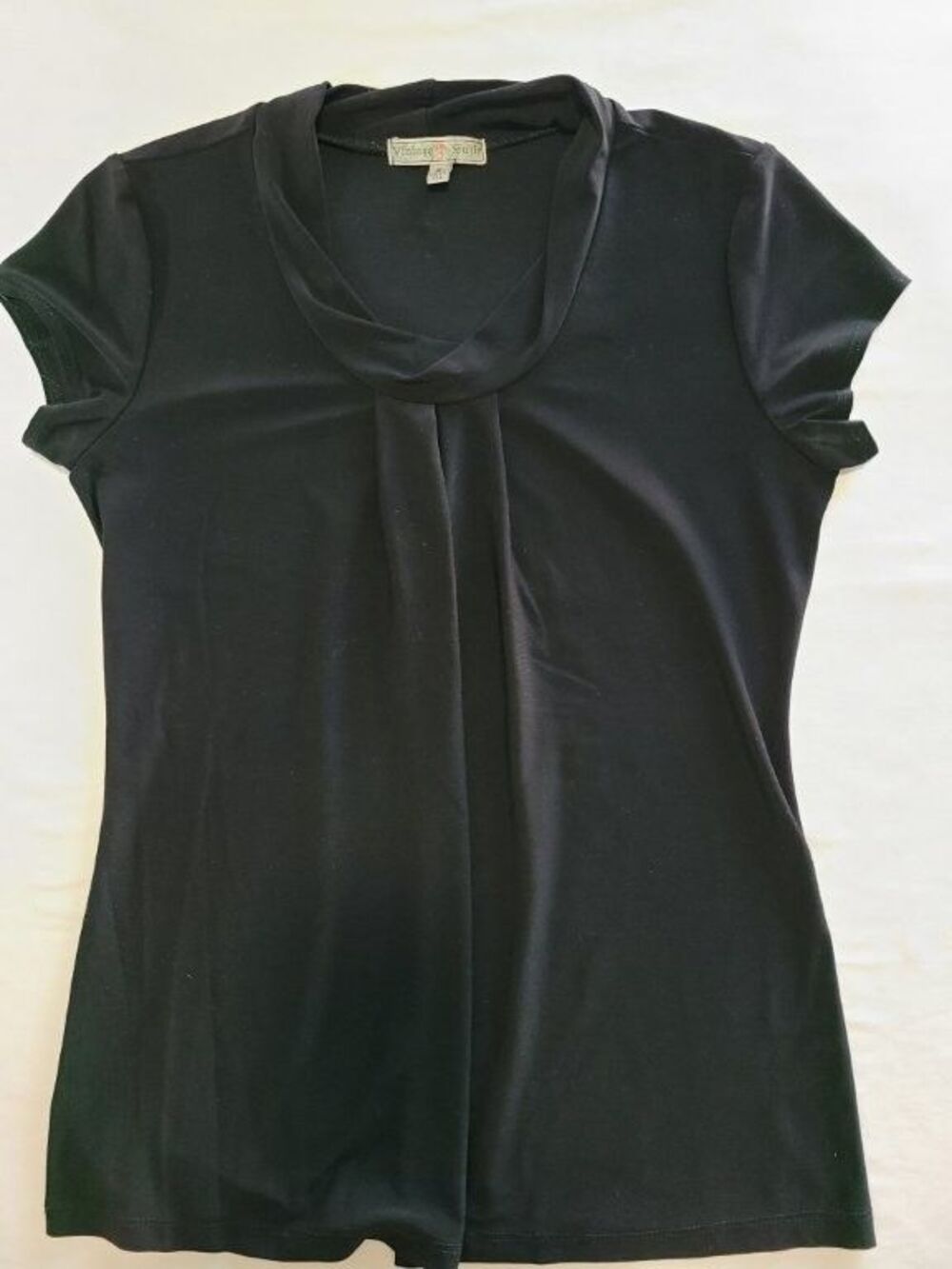 Vintage Suzie Black Twist Collar Top S Made USA Minimalist Stretch Blouse